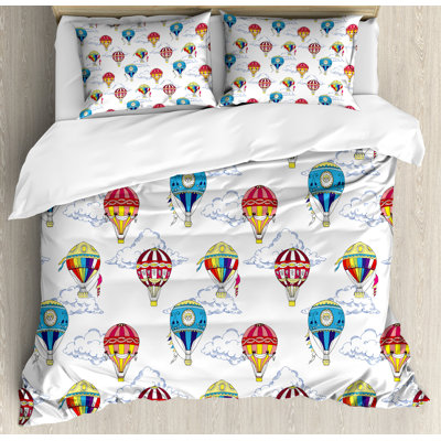 Ambesonne Vintage Duvet Cover Set, Clouds Hot Air Balloons, Calking, Multicolor -  nev_32449_calking