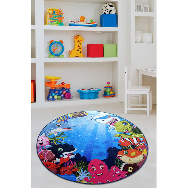 Aayan Machine Made Velvet Fabric Area Rug in Blue/Green/Pink, Round 6'7"