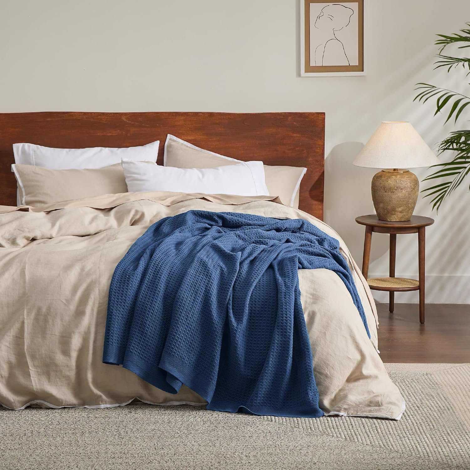 Bedsure Cotton Waffle Weave Throw Blanket, Navy, Throw XL