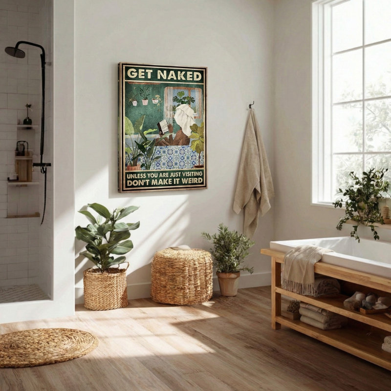 Salle de bain avec arbres - Toile tendue avec une galerie «Get NUE» - Illustration de salle de bain, décor de salon vert et blanc