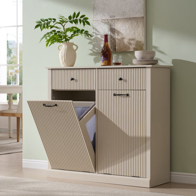 Modern Double Tilt-Out Trash Cabinet, 20 Gallon Fluted Laundry Hamper Cabinet with Drawers, Wooden Hidden Garbage Can Cabinet with Storage Basket, Free Standing for Kitchen & Living Room
