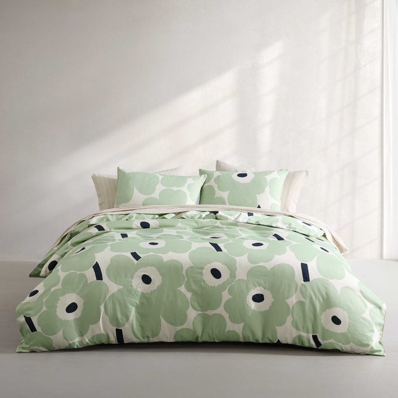 Unikko Orange/Green/White Organic Cotton Duvet Cover Set, Queen Duvet Cover + 2 Standard Shams, Green/Black/White