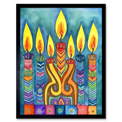 Jewish Candelabra Candle Patterns Folk Art Watercolour Painting Artwork Framed Wall Art Print 9X7 Inch