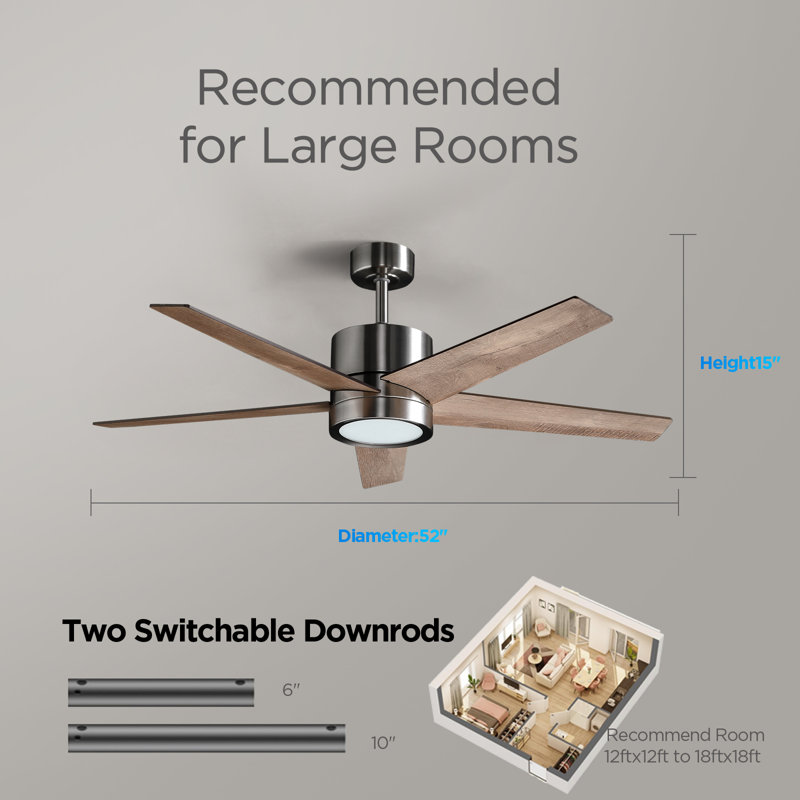 Ventilateur de plafond avec télécommande et éclairage : Ventilateur de 132 cm (52 pouces) avec DEL tricolore à intensité variable - Moteur CC silencieux et réversible - Usage intérieur et extérieur