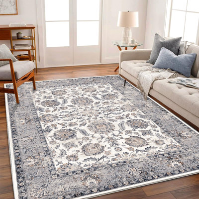 Tapis lavable 240 x 300 cm, motif médaillon vieilli, style bohème, ne peluche pas, entretien facile, idéal pour les zones de passage fréquent comme le salon, la chambre, la cuisine, le bureau ou une table basse. Grand tapis.