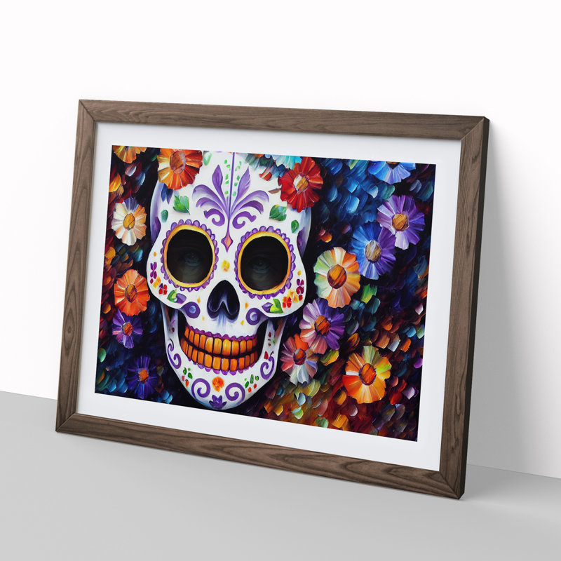 XH1022-7114X Precious Floral Sugar Skull - Single Picture Frame Print, 25cm H x 34cm W x 2cm D, Walnut Framed