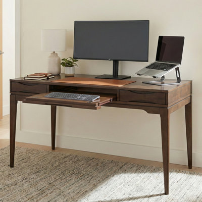 Harper 60"W Solid Wood Mid-Century Modern Writing Desk with 2 Drawers and Flip-Down Keyboard Tray