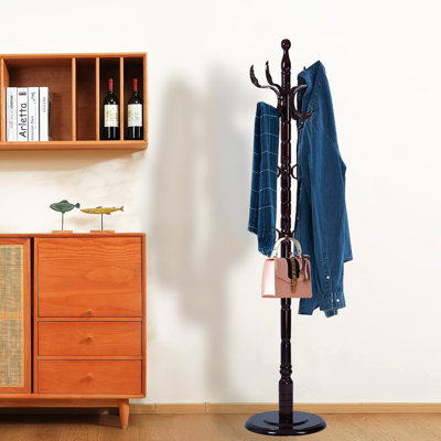 72" Traditional Freestanding Coat Rack with 10 Hooks, Solid Birch Wood, Antique Bronze Finish