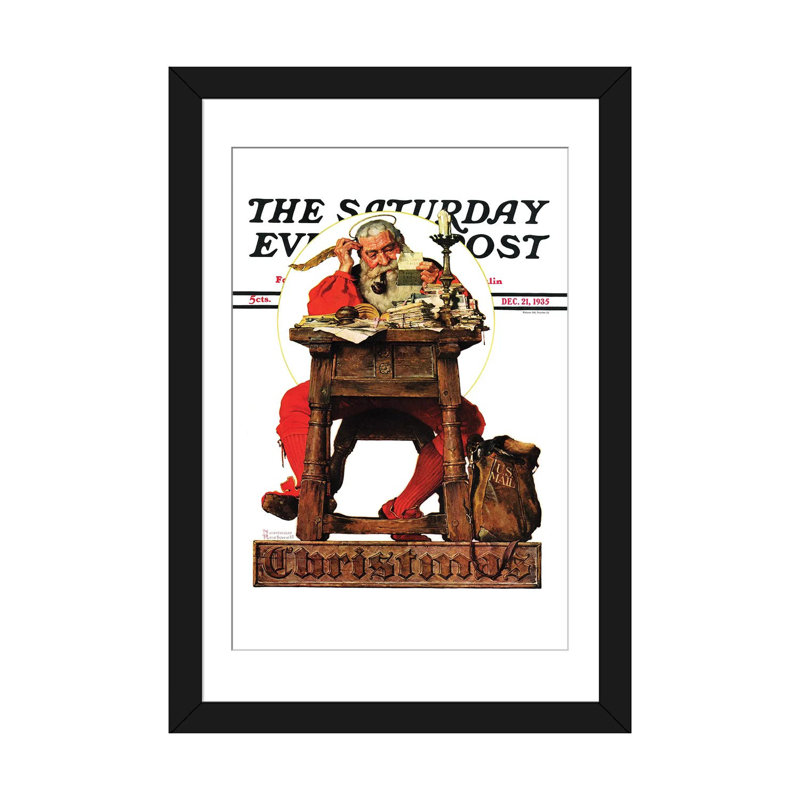 Père Noël à sa couverture de bureau - reproduction d'art mural - papier d'art encadré, H 32 po x l 24 po, Noir