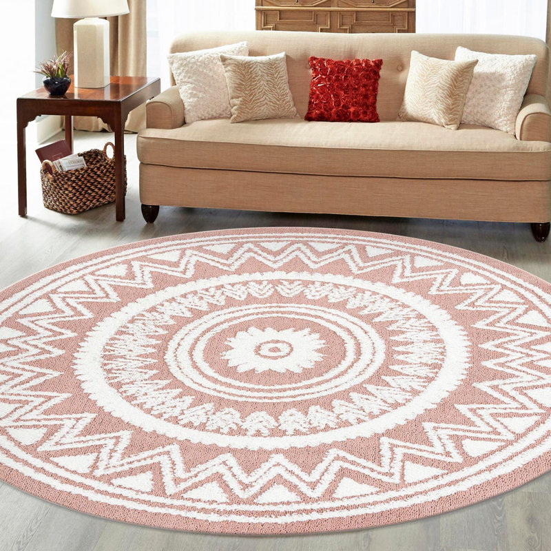 Tapis rose en polyester tissé à la machine Mabeline, Rond 3 pi 3 po