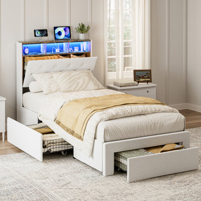 Structure de lit simple TG avec tiroirs de rangement, tête de lit cachée avec lumières à DEL et station de charge, lit plateforme simple tapissier TG, lattes en bois massif, aucun sommier nécessaire