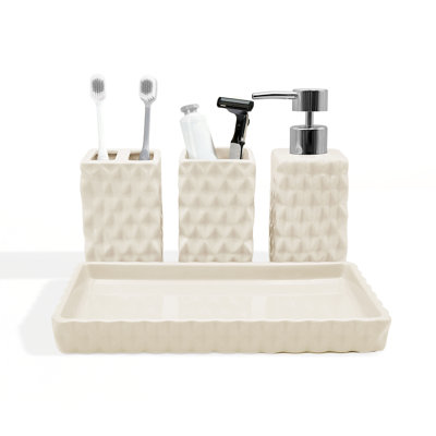 Ashford 4-Piece Ceramic Bathroom Accessory Set with Lotion Dispenser, Toothbrush Holder, Tumbler & Tray, Ivory