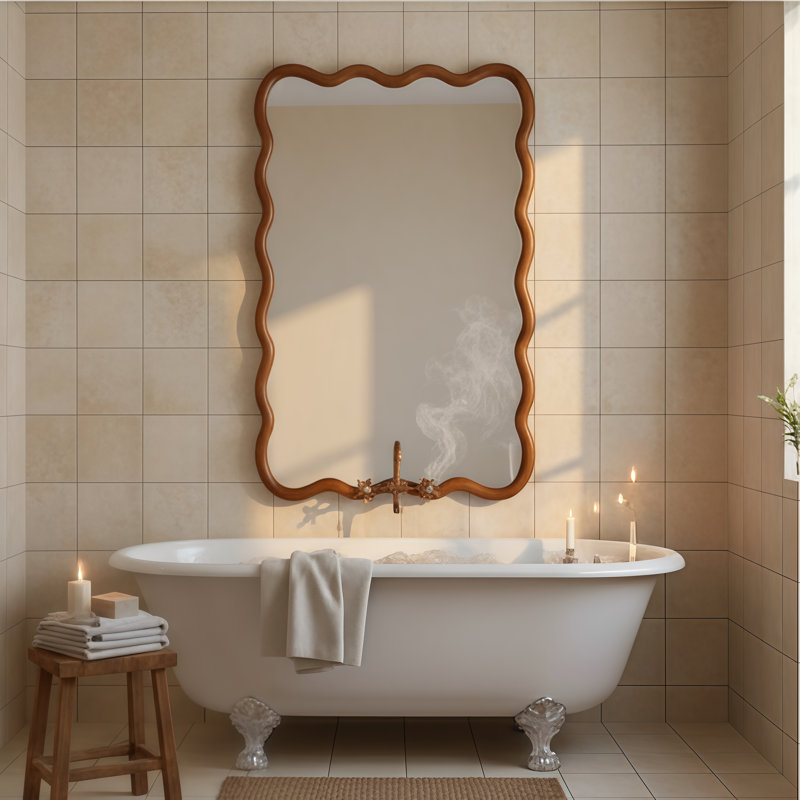 Miroir mural en bois massif avec bord irrégulier, miroir mural bohémien pour la salle de bain, le salon et le vestibule (brun)