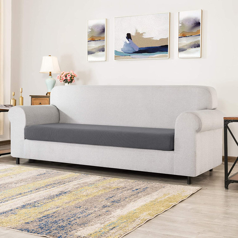 Stretch Textured Grid Box Cushion Sofa Slipcover, Light Grey