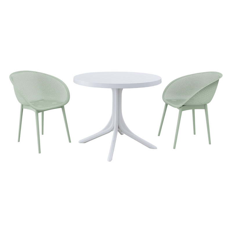 Ensemble de 2 chaises longues vert pâle avec table ronde blanche de 36 pouces - Ensemble de meubles de patio intérieur / extérieur toutes saisons