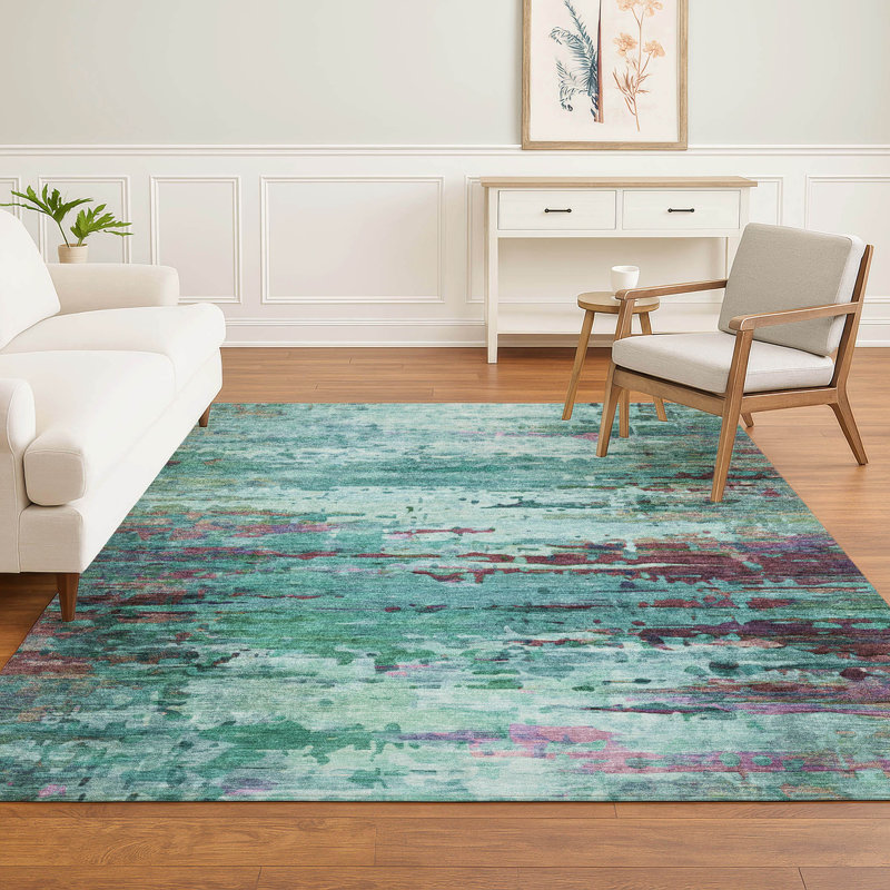 Premium Machine Washable Mayfield AMF2035 Abstract Rug, Teal, 3' x 5'