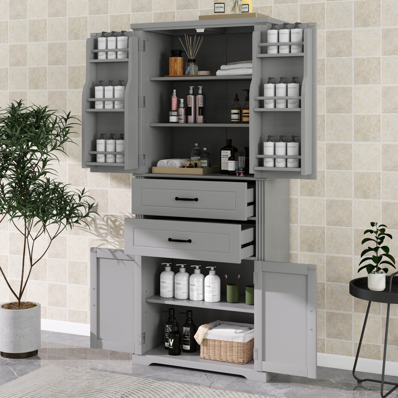 Grande armoire de rangement, armoire de rangement autoportante pour plancher de salle de bain avec 2 portes, tablette réglable et 2 tiroirs, panneau de fibres à densité moyenne