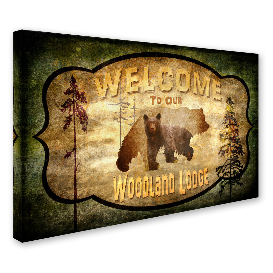'Welcome - Lodge Black Bear 2' Graphic Art Print on Wrapped Canvas Loon Peak® 