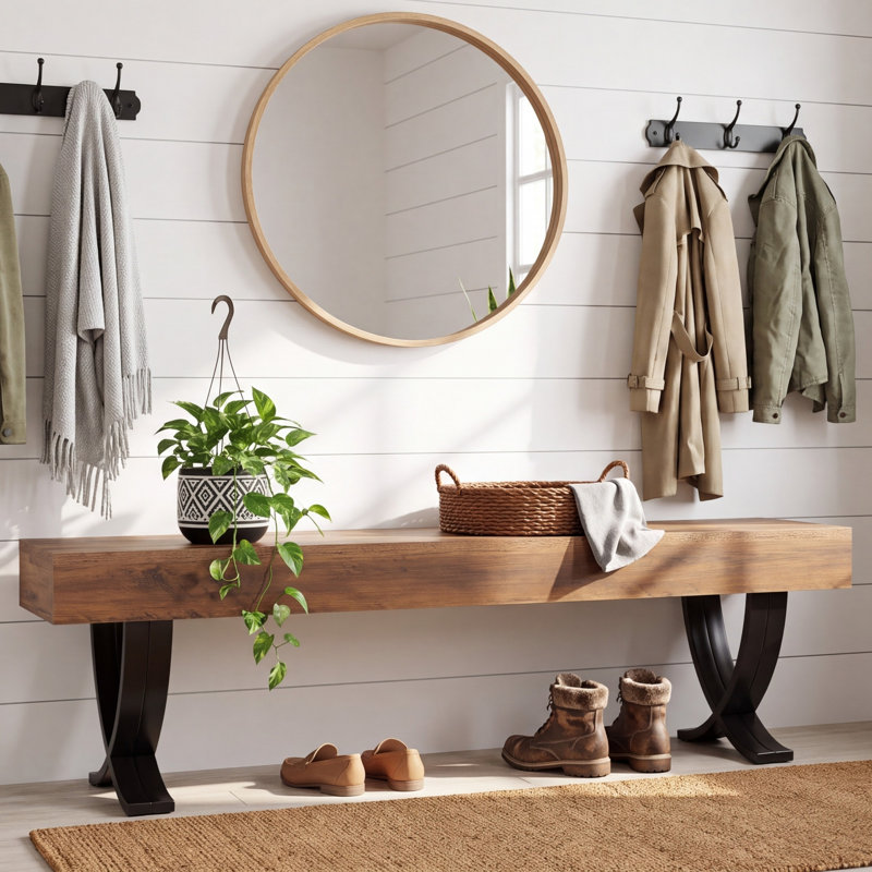 Banc de 55 pouces pour vestibule, banc de bout industriel, Brun