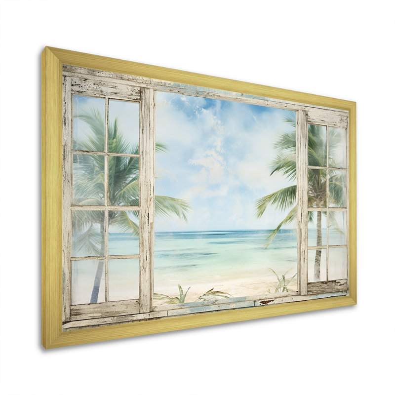 Décoration tropicale fenêtre tropicale horizon II - fenêtres côtières, Cadre doré à coins fermés, H 24 po x l 32 po x P 1 po