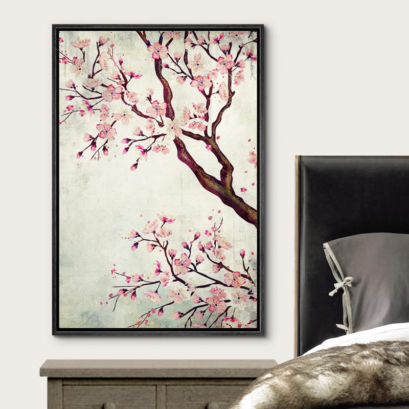 «Pink Cherry Blossom», estampe numérique sur toile, Cadre flottant noir, H 36 po x l 24 po x P 1,5 po