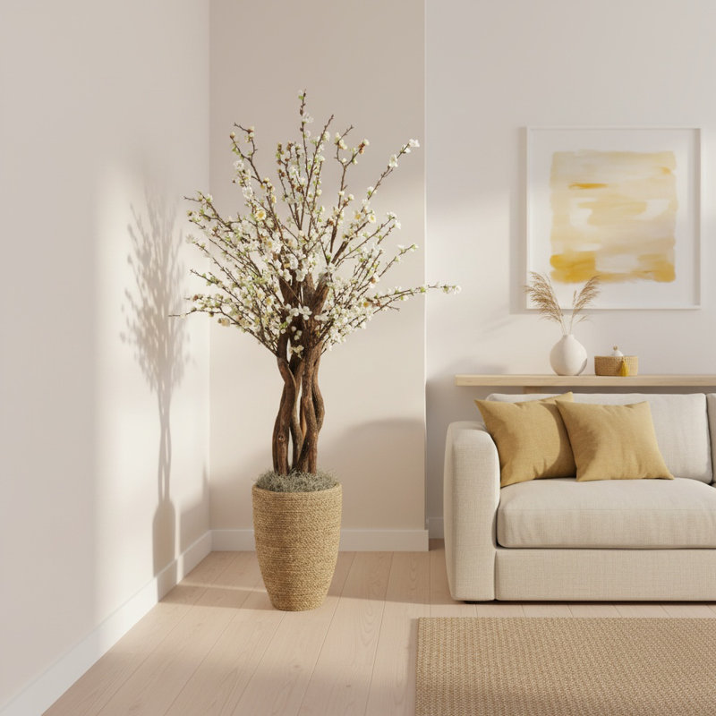 Cerisier blanc en pot brun clair,  63" H x 33" W x 33" D