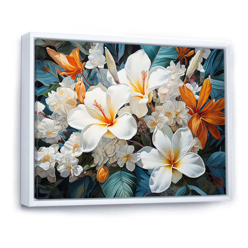 Fleur de plumeria beige et blanche, Cadre flottant blanc, H 16 po x l 32 po x P 1 po