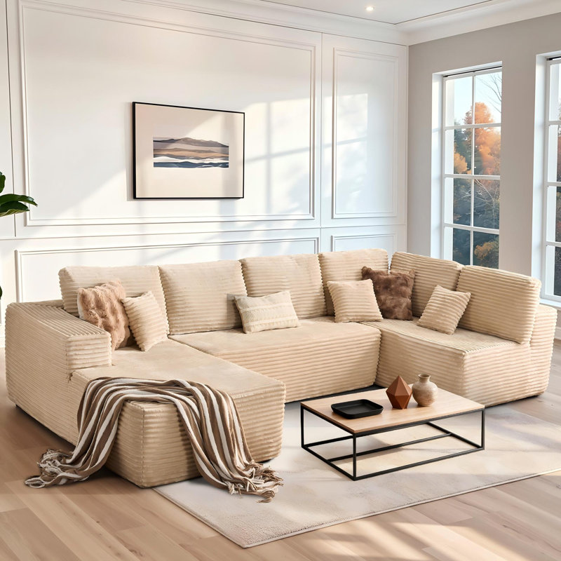 Cloudelle 3-Piece L-Shaped Plush Corduroy Sectional Sofa – No Assembly Required, Beige Corduroy