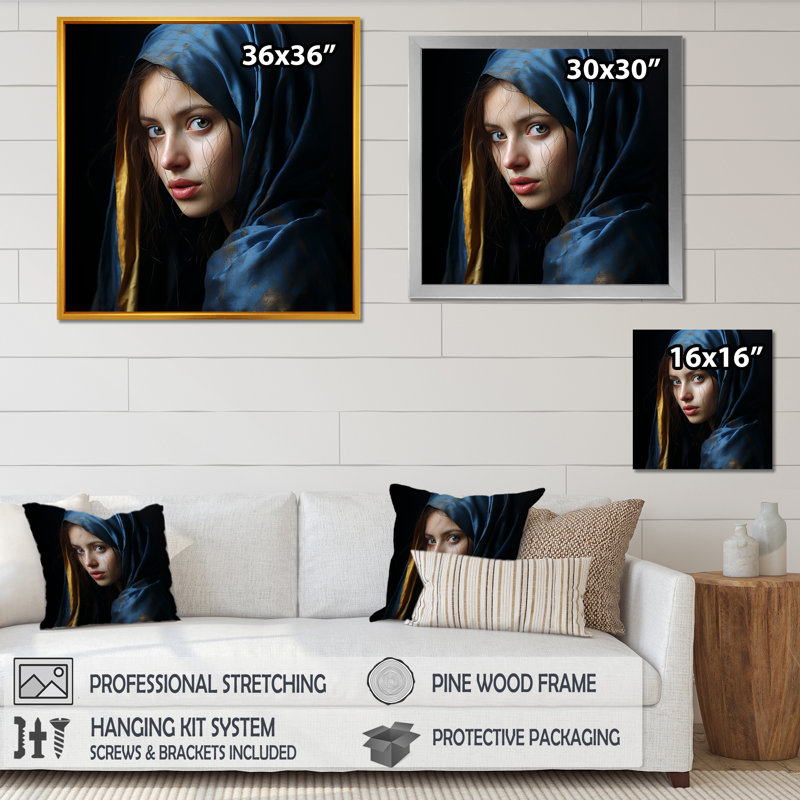 La fille avec une boucle d'oreille perle - art sur toile tendance, Cadre doré simple, H 36 po x l 36 po x P 1,5 po