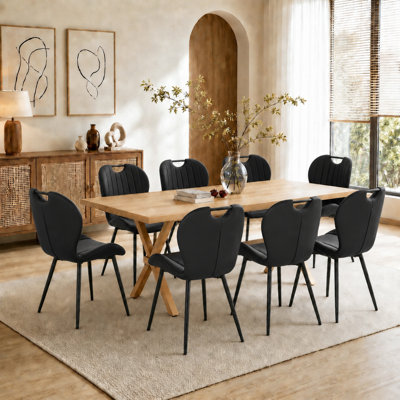 71" Modern Industrial Dining Set - Trestle Table & Scalloped Backrest Stitched Chairs (9 Piece Options)