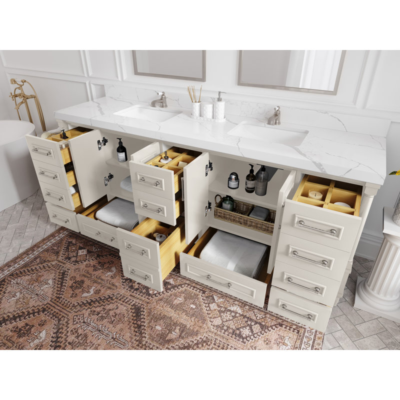 Aberdeen 84'' Double Bathroom Vanity with Quartz Top, Empira, Fine Grain