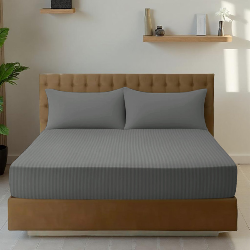 Premium Stripe Fitted Sheet - Deep Pocket, Wrinkle-Free, Ultra Soft Microfiber Bed Sheet, Super King (6'), Charcoal Striped