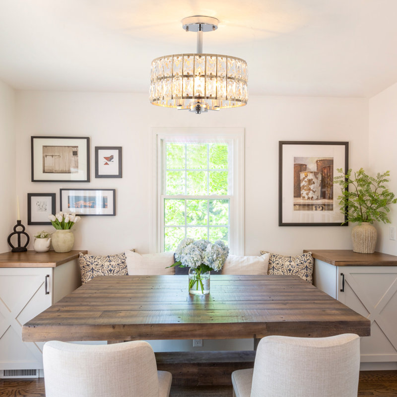 3-Light Crystal Ceiling Light Fixture Semi Flush Mount Chandelier with Drum Shade, French Gold/Chrome