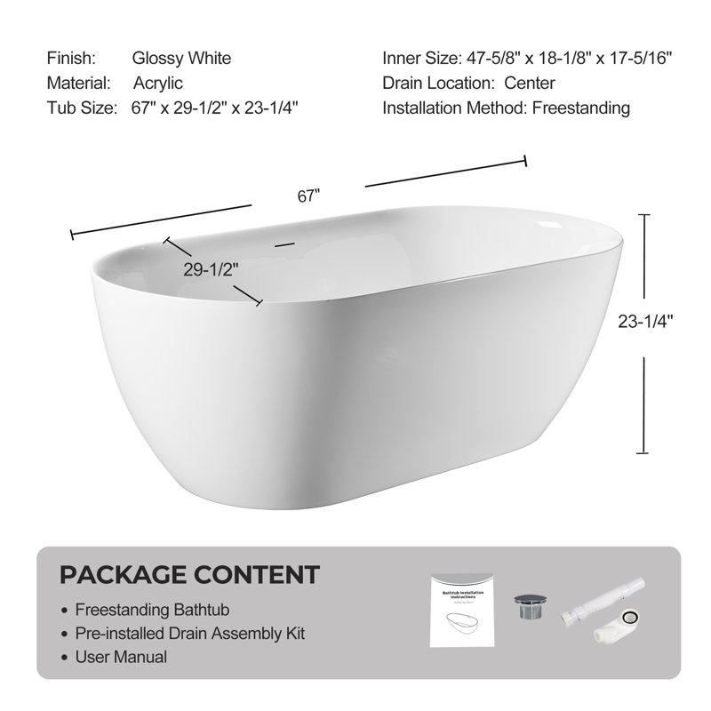 Baignoire autoportante 67 po x 29,53 po en acrylique, baignoire autoportante contemporaine avec trop-plein et bonde escamotable anti-blocage, certifiée cUPC, blanc brillant