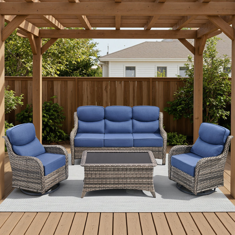 Outdoor Patio Wicker Sofa Conversation Set With Swivel Chairs And Coffee Table, Gray, Blue