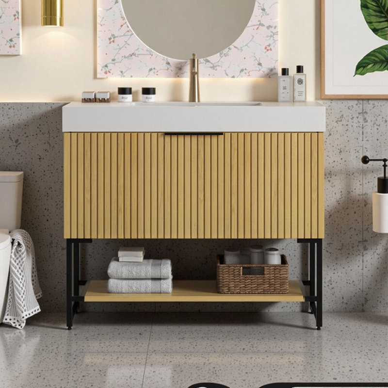 Meuble-lavabo autoportant de 36 po sans effort | Armoire en contreplaqué résistant à l'eau | Lavabo intégré à surface solide | Tiroirs préassemblés à fermeture en douceur