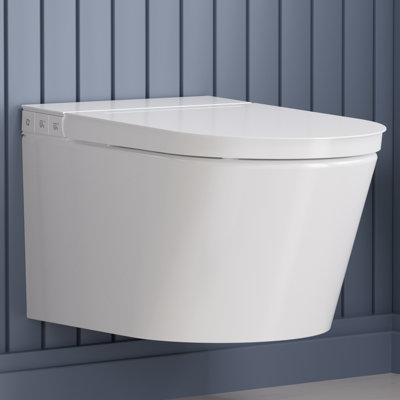 Wall-Hung Elongated Toilet in White with Slow-Closing Lid, Heated Seat, Auto Flush, Remote Control, and Night Light
