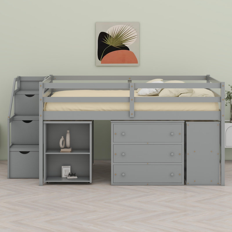 Lit mezzanine avec bureau d'écriture rétractable et tiroirs, Gris