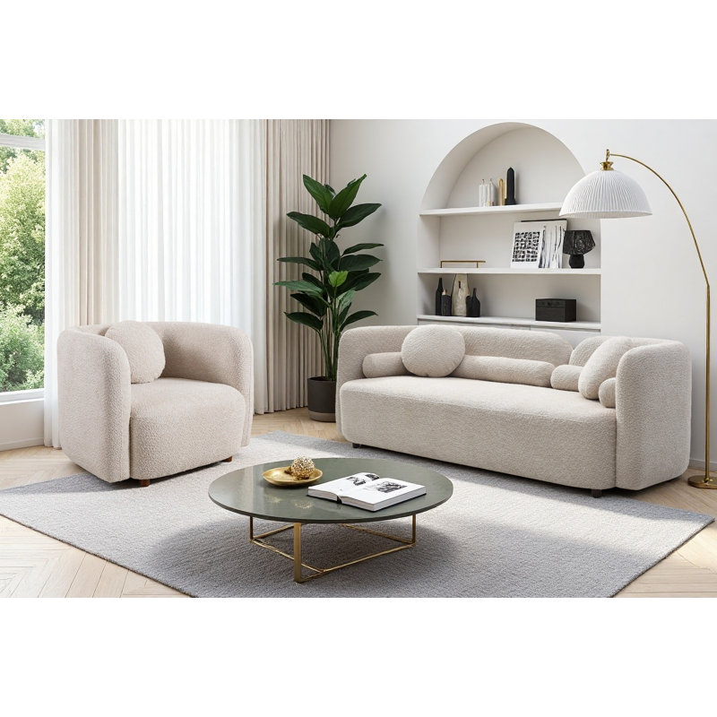2-Piece Modern Boucle Living Room Sofa Set, 4-Seat Upholstered Curved Couch with Accent Chair, Beige