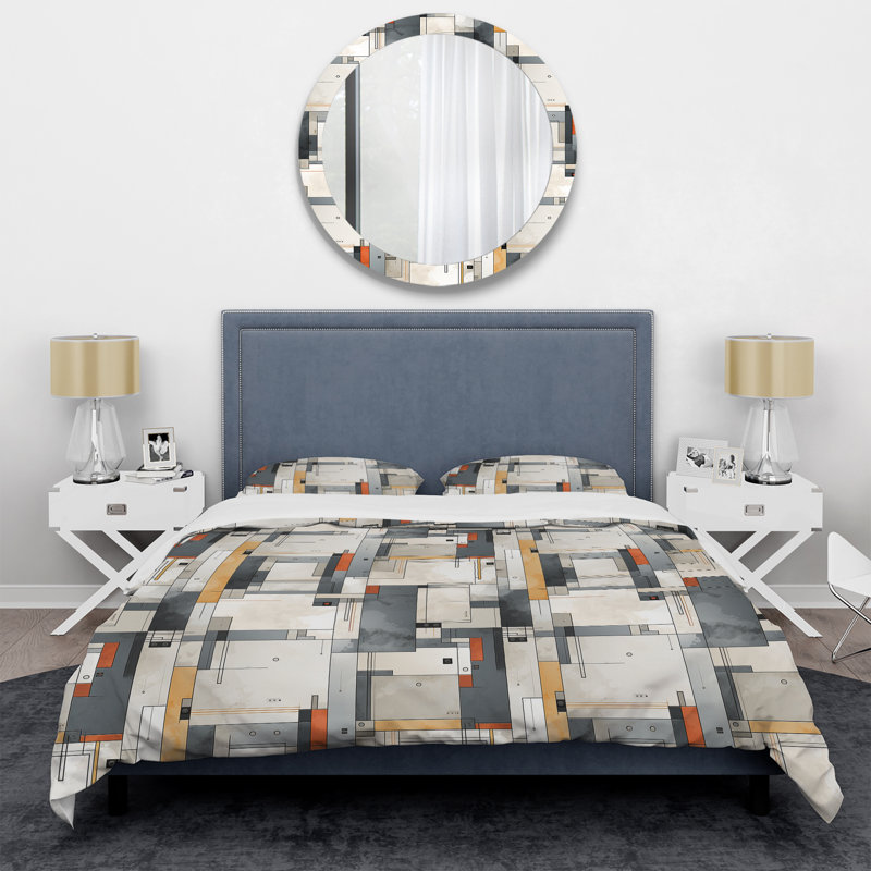 Ensemble de housse de couette géométrique à motif quadrant gris béton, Housse de couette pour très grand lit et 2 très
