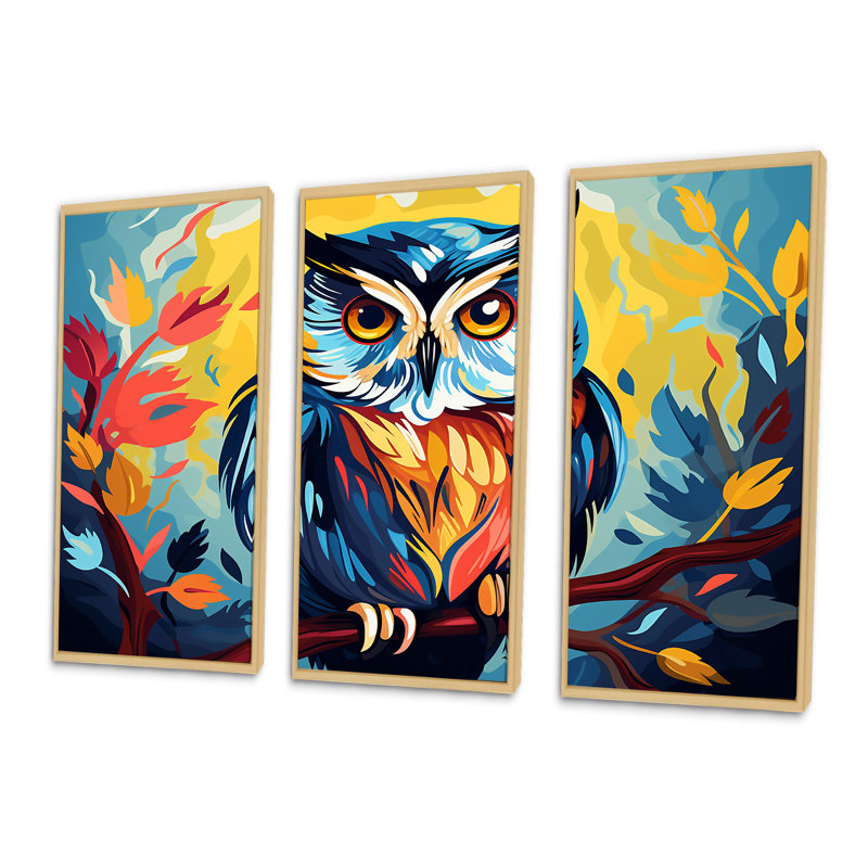 Chouette colorée Pop Art Watchers III - Art mural animal hibou, H 28 po x l 36 po, Cadre flottant brun