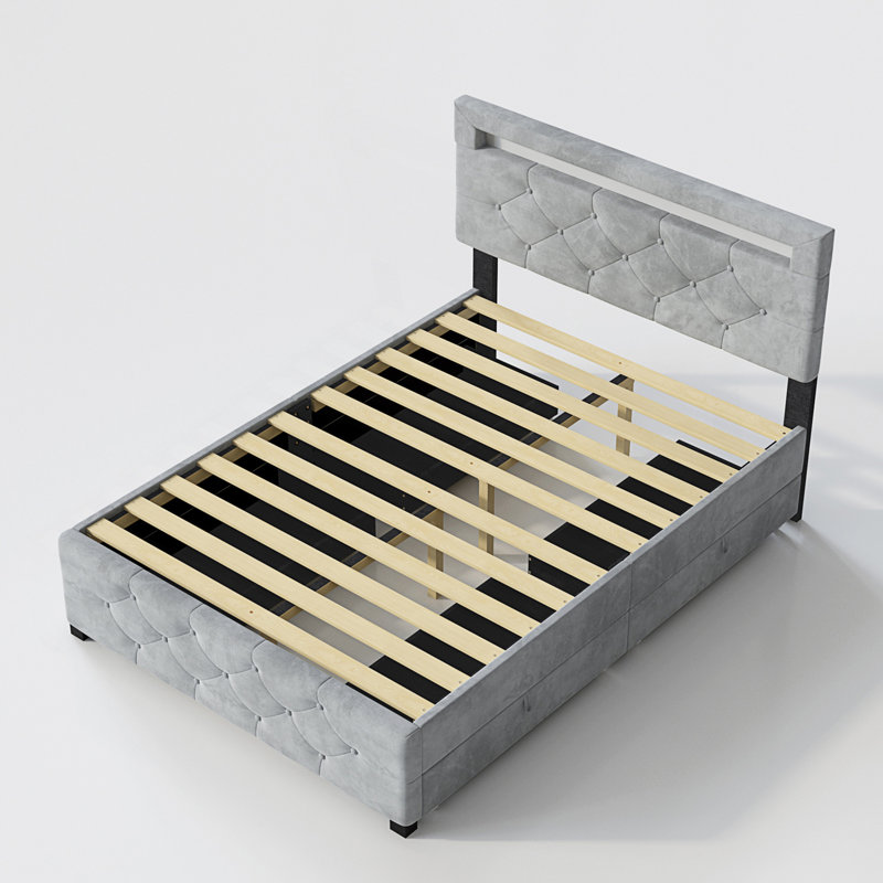 Base de lit tapissier avec rangement à 4 tiroirs et éclairage DEL, Double