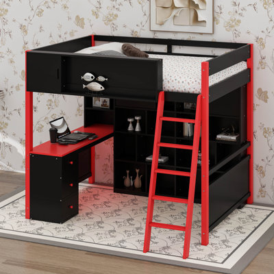 Full Size Wood Loft Bed With Desk And Drawers, Gaming Loft Bed With Storage Space And Light