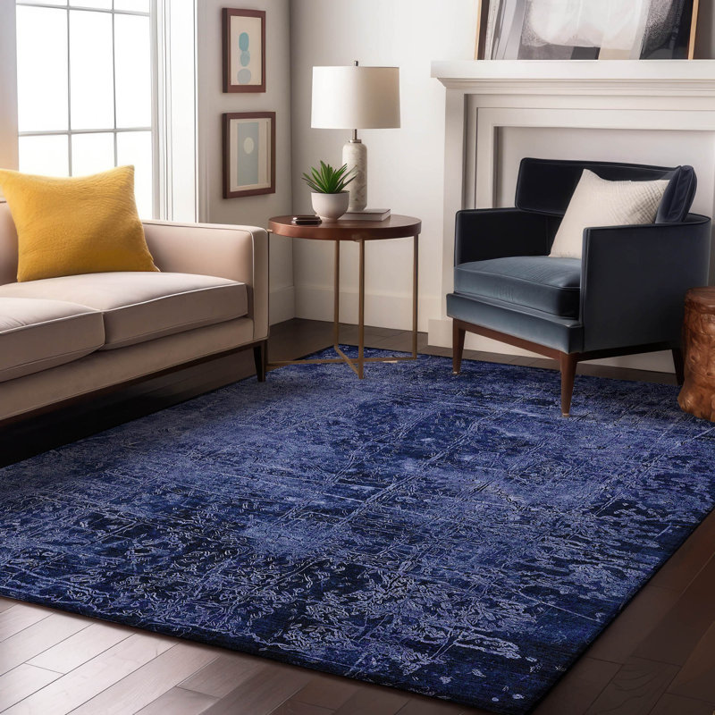 Tapis bleu marine Cerrito AMF559 lavable à la machine de qualité supérieure, Rectangulaire 3 pi x 5 pi