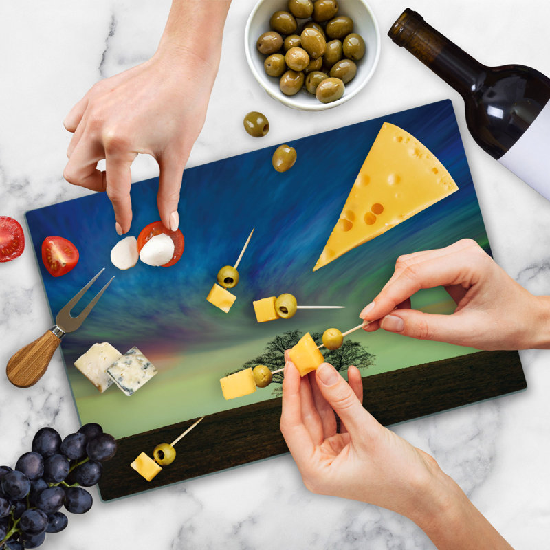 Ambesonne Tree Cutting Board Large Size Surreal Sky Field Ombre Blue Lime Brown