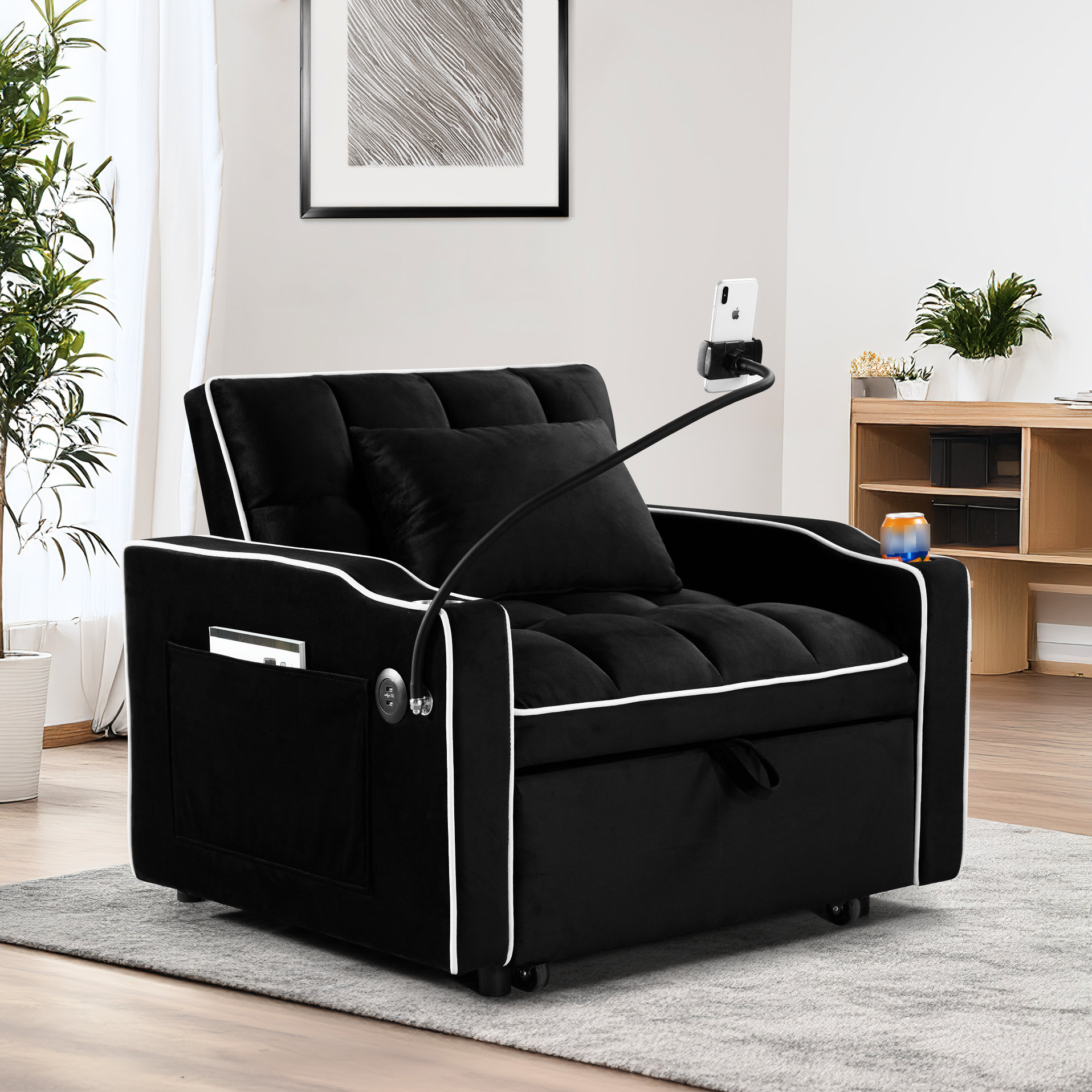 Wrought Studio™ Convertible Arm Chair Bed, Black Velvet, For Various
