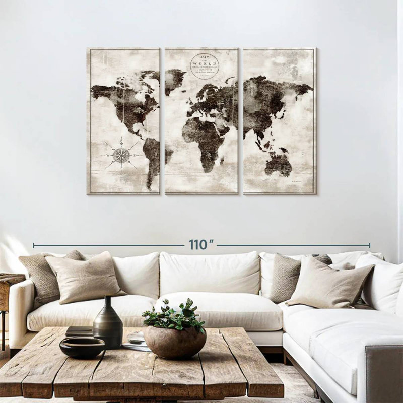 Carte du monde rustique Aliaz en noir et blanc, H 48 po x l 74 po