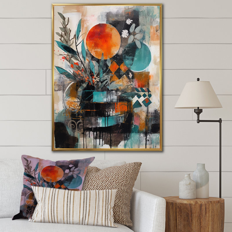 Libération artistique verte et orange de Luisarmando sur toile, H 40 po x l 30 po x P 1,5 po, Cadre flottant doré