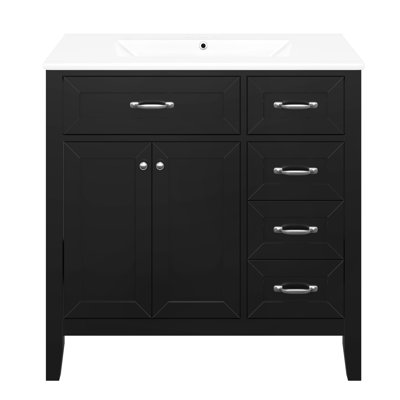 Meuble-lavabo noir 36 po avec lavabo, bois d'hévéa et construction, tiroirs de rangement, autoportants, tiroirs fonctionnels, lavabo en céramique lisse, solide, option de modernisation moderne