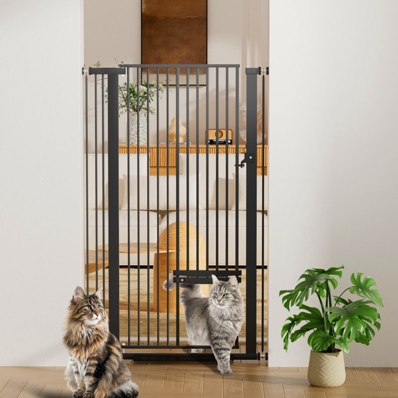 Très haute barrière pour chat de 55 po, convient aux portes de l 29,5 à 37,4 po, barrière pour animal de compagnie avec porte pour chat réglable, montée sous pression, facile à assembler, barrière pour chien pour porte, escalier, couloir (noir)